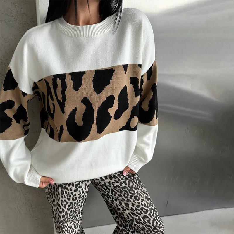 BKLD-Conjunto de Otoño Invierno para mujer, Tops Vintage de leopardo contrastante, jersey holgado con cuello redondo, suéteres informales gruesos y cálidos