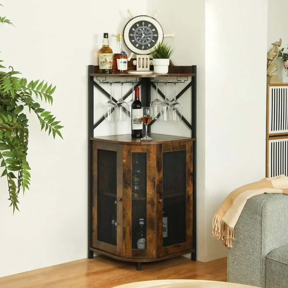 Gabinete de barra esquinera con soporte para vidrio, refrigerador para vino, Bar en casa para almacenamiento de licores y vino, escaparates marrones rústicos