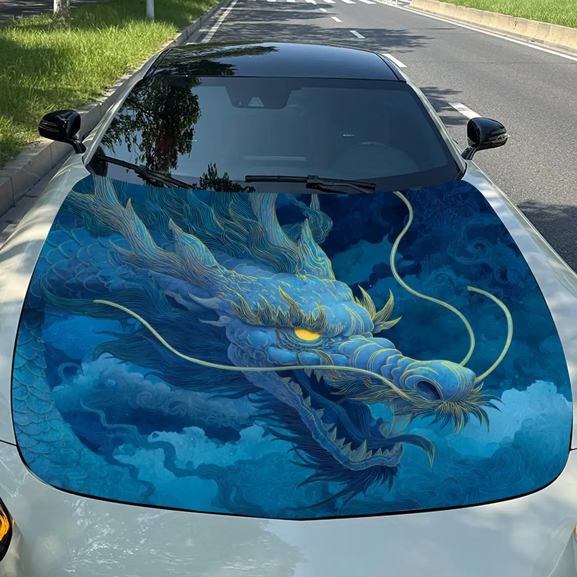Car Decals Dragon with a Striking, Blue - Themed Artistic Design, Appearing Dynamic and Full of Mythical Charm Car Hood Sticker,