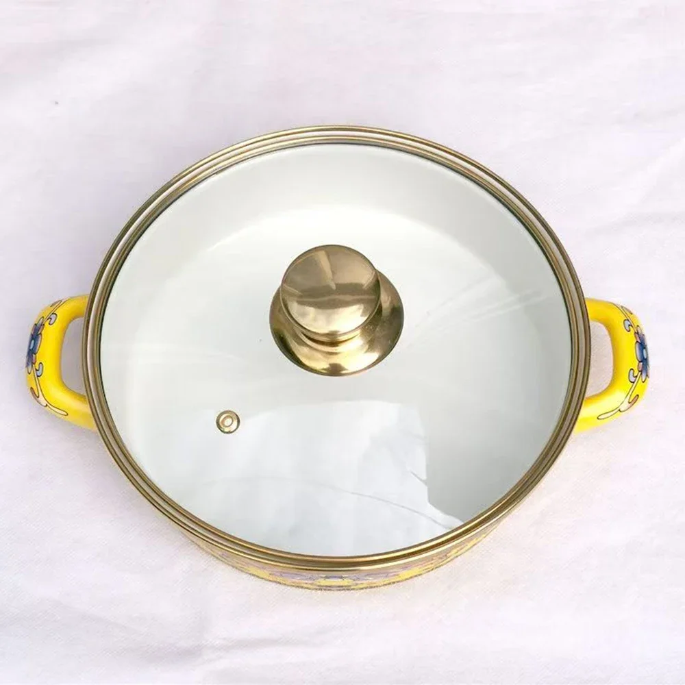 Porcelain enameled soup pot, Double-ear glass lid stew pot, High-capacity flat pan with lid, Noodle seafood pot, 1.6/2.6L