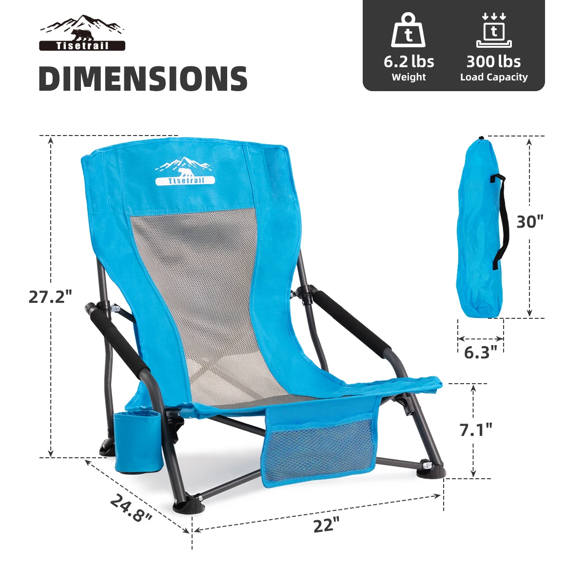 Tisetrail 2-Pack Portable Beach Chair for Adults Low Back Sling Chair with Cup Holder Folding Mesh Sand Chair Lightweight