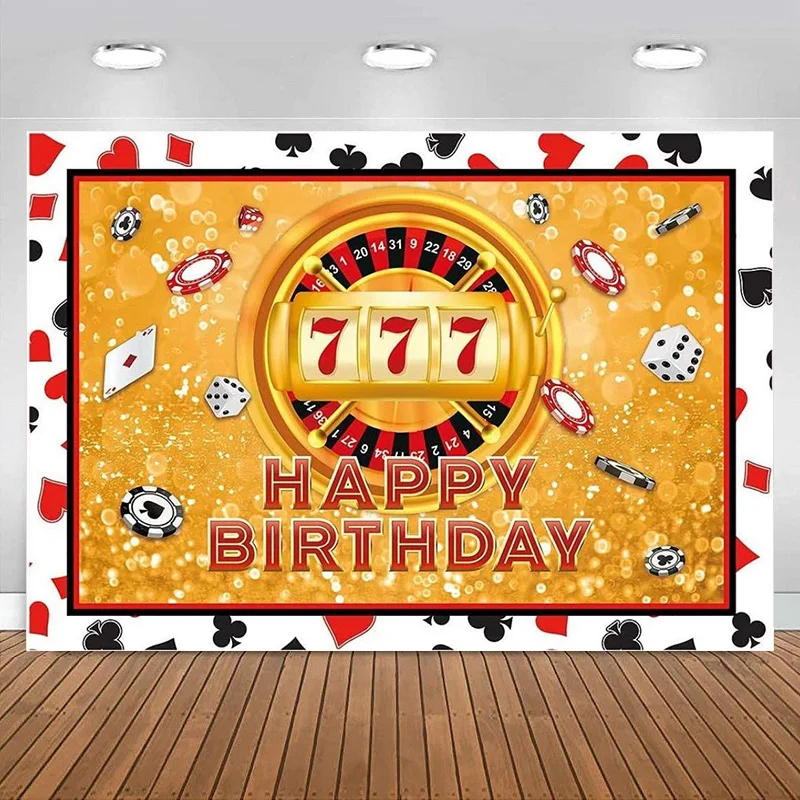 

Casino Night Theme Happy Birthday Event Decoration Backdrop Carnival Party Banner Roulette Chips Poker Photography Background