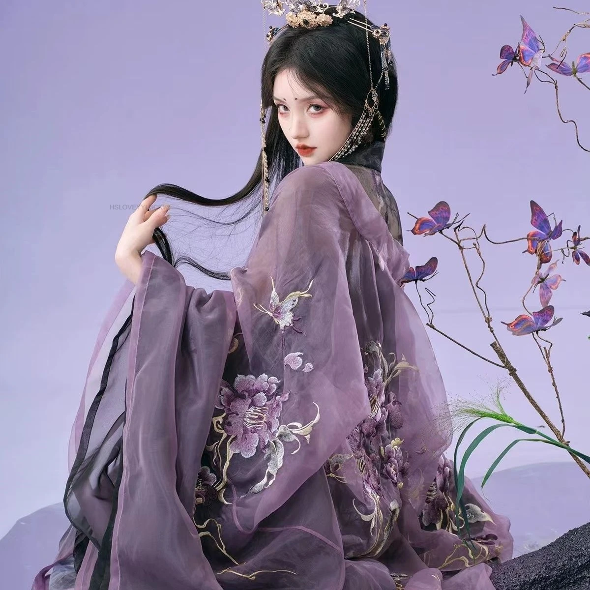 

Chinese Traditional Hanfu Women's Tang Dynasty Chest Purple Ru Skirt Heavy Industry Embroidered Large Sleeve Shirt Summer Hanfu