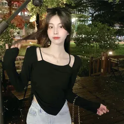 2024 Winter Sexy Slim T-shirt Women Kpop Y2K Off Shoulder Tee Shirt Woman Black Skinny Autumn Crop Tops Camis Japanese Clothes