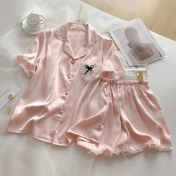 Summer New Sweet Korean Soft Pink Short Sleeve Short Sleeve Pajamas Women's Solid Hearts Soft Ice Silk Satin Women's Sleepwear