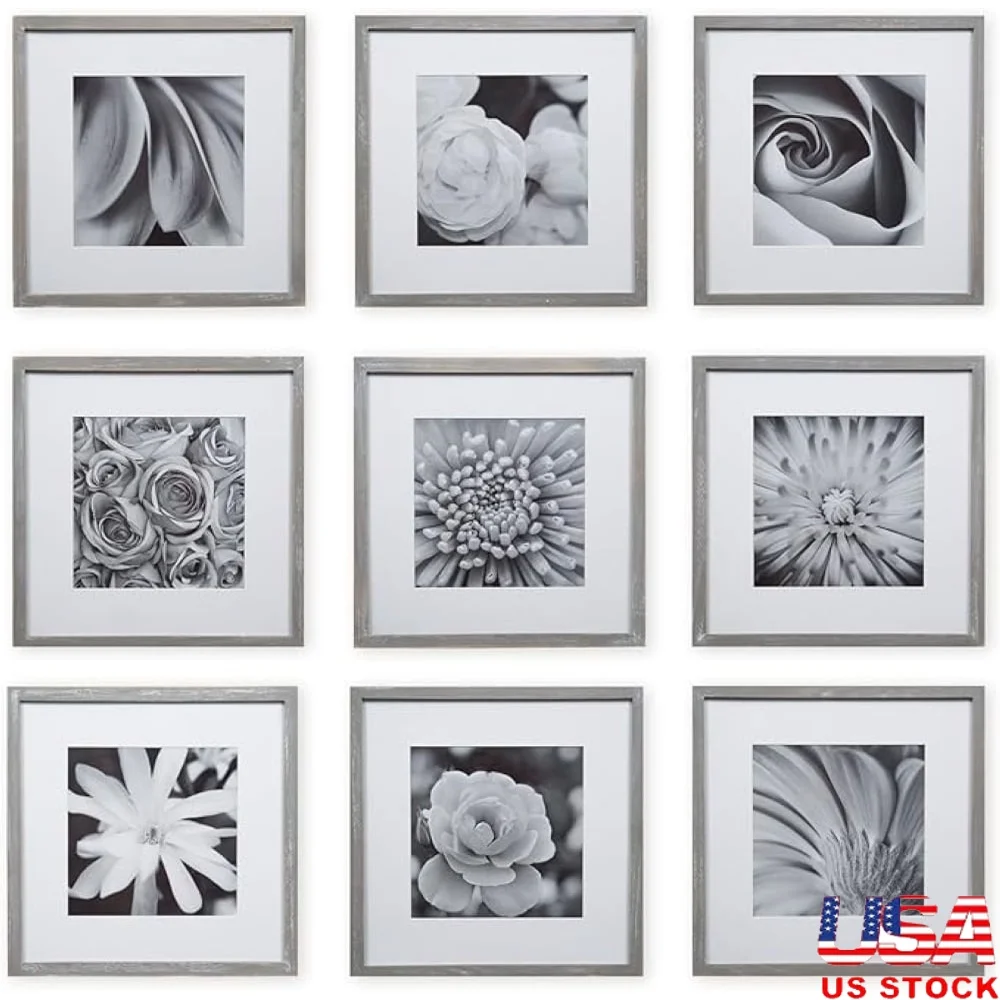 

9 Piece Square Photo Frame Set with Hanging Template Includes Art Prints Easy Gallery Wall Decor