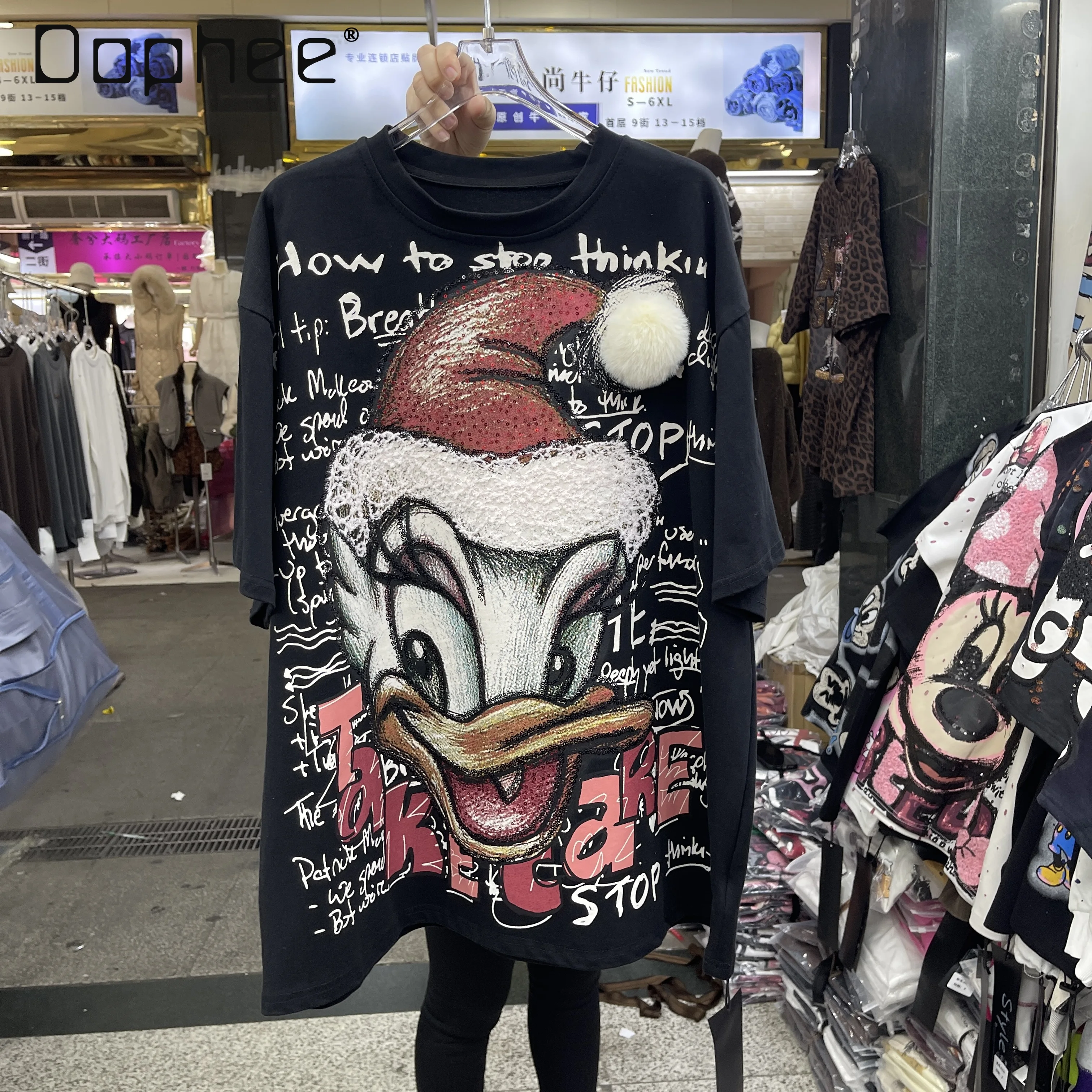 

Autumn New Heavy Craft Print Design Cartoon Duck Short Sleeve T-Shirt for Women Loose Casual Mid-Length Round Neck Black Top