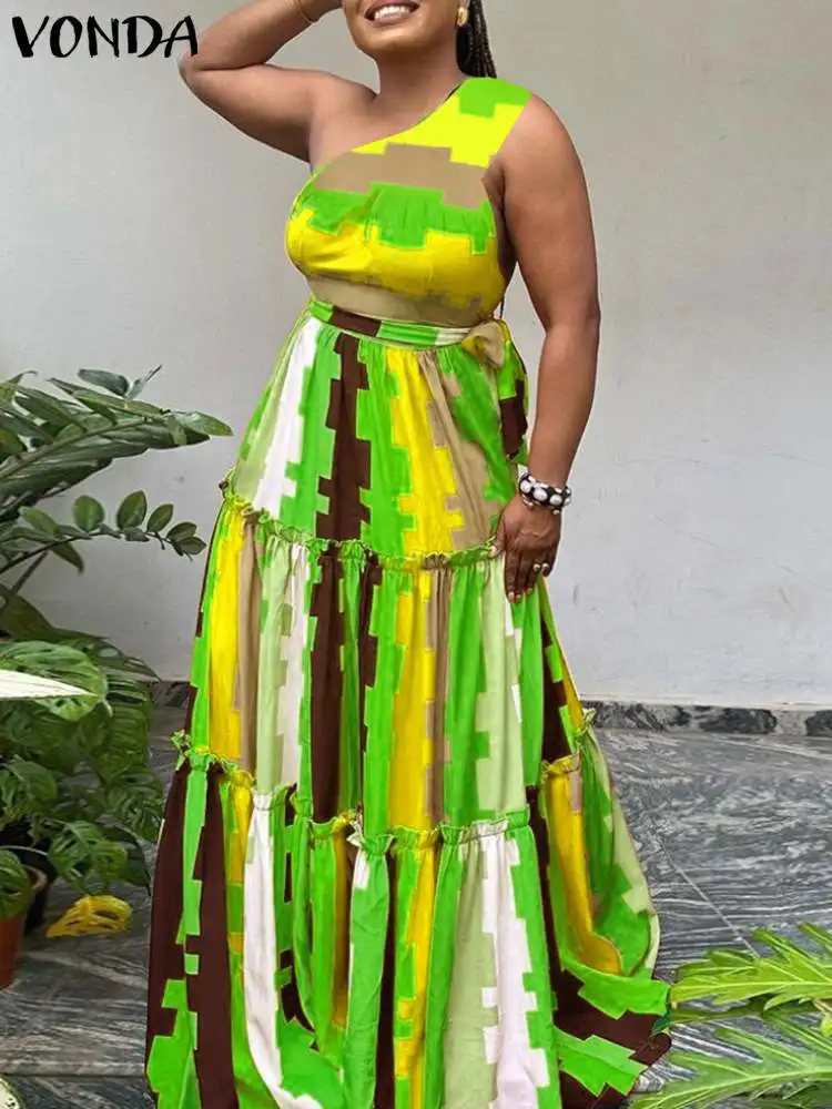 

Plus Size VONDA Maxi Dress Women Sexy Off Shoulder Sleeveless Bohemian Printed Long Sundress Summer Casual Loose Vestido Belted