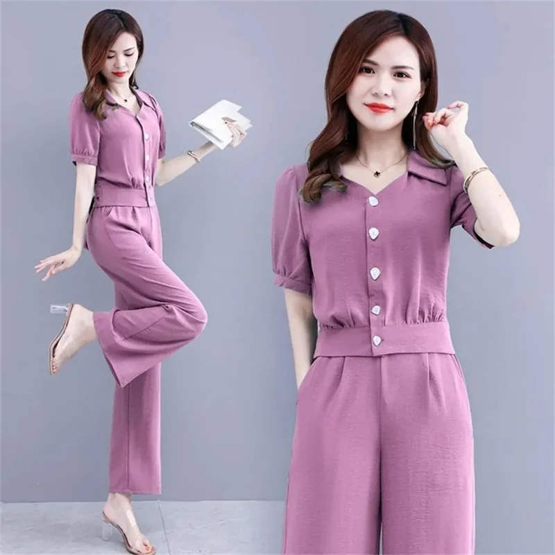 Trousers Suit 2024 Summer Sets Fashion Two-piece Suit Short Sleeve V-neck Shirt And Pant Solid Color Suit For Women Elegant 3XL