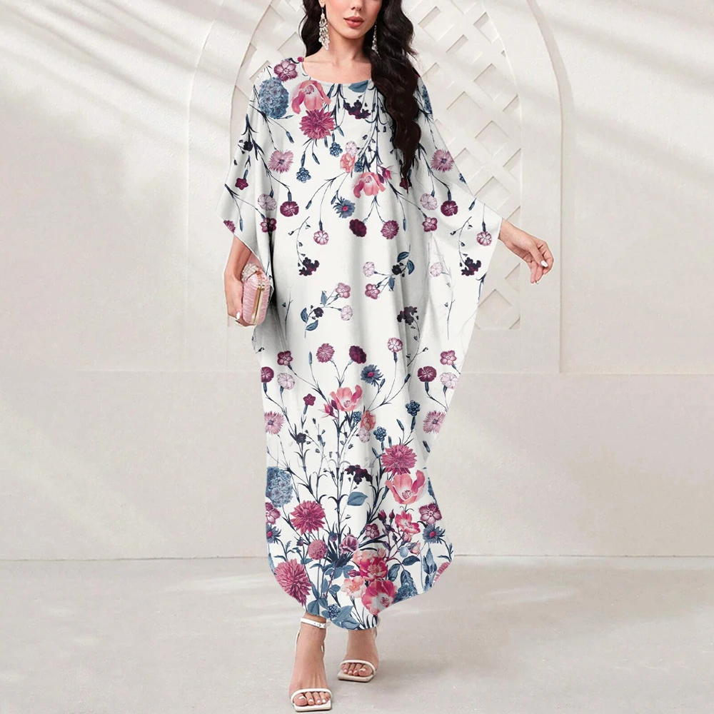 Women's Round Neck Flower Print Loose Dress Dubai Party Evening Exquisite Dress Loose Bat Sleeve 2024 New Women's Party Dress