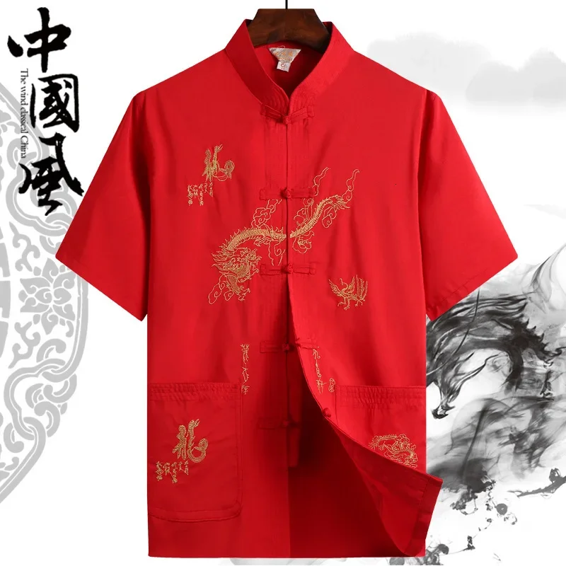 Sommer Stickerei Drachen druck Bluse Tops Männer Tang Anzug chinesische traditionelle Hanfu T-Shirt Kung Fu Mantel Vater orientalische Strickjacke