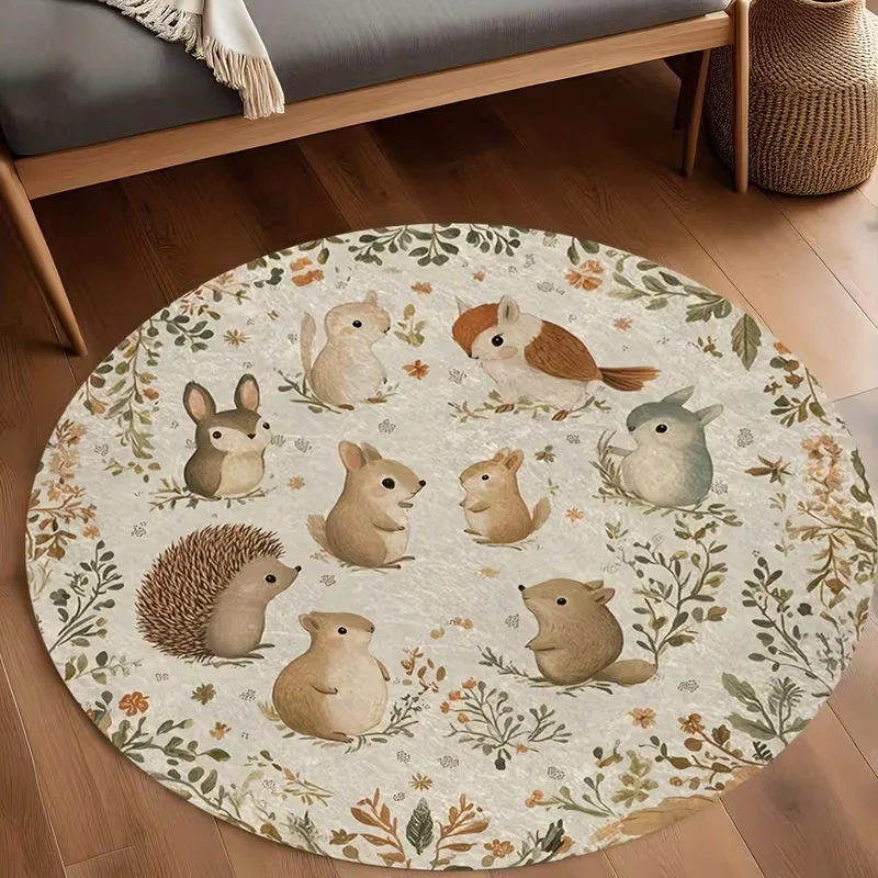 Cute Fox Owl Forest Round Mat Watercolor Autumn Leaf Animal Pattern Rug For Bedroom Living Room Decor