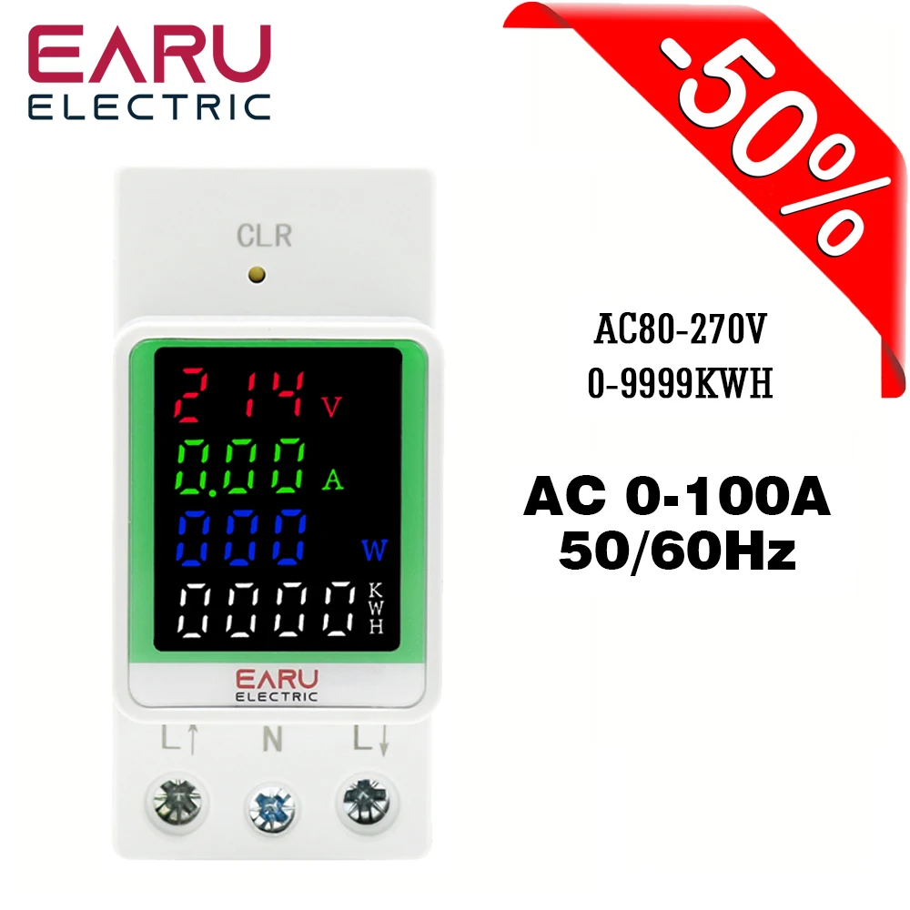 100A AC 50-300V Din Rail Electricity Digital Power Energy Meter Watt Kwh Wattmeter Monitor Ammeter Voltmeter With Energy Zeroing