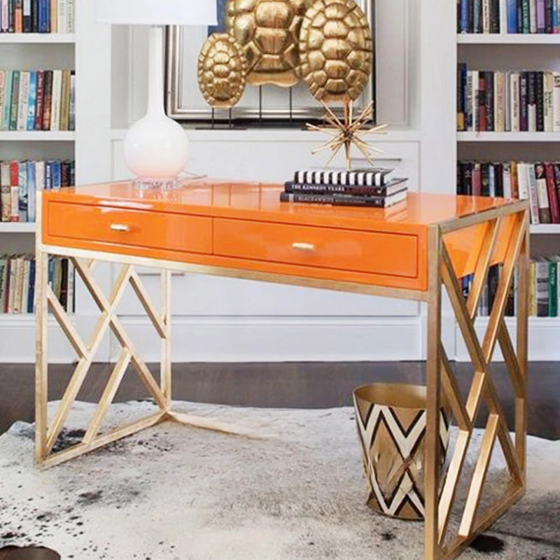 

Postmodern household desk Hermes orange desk simple gold stainless steel desk