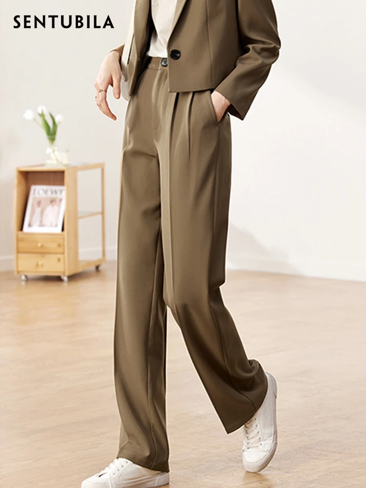 SENTUBILA Cropped Blazer Jacket Pant Suit Women 2024 Autumn Elegant Outfit Elastic Waist Wide Leg Pants Two Piece Sets 123Z43391