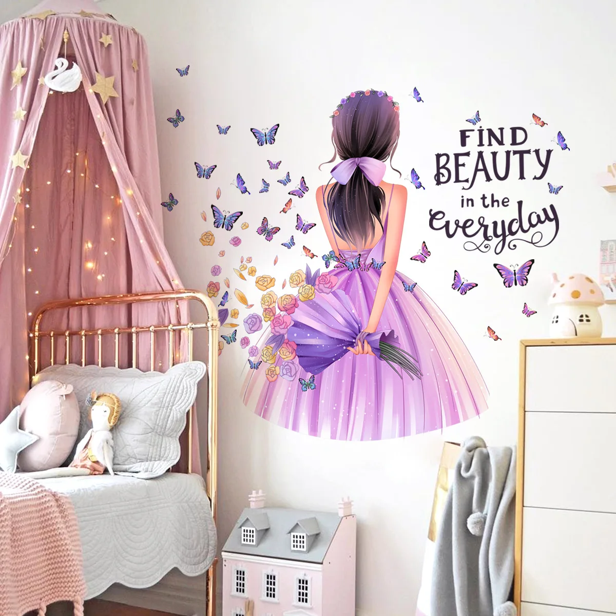 2pcs English Girl Butterfly Wall Stickers Living Room Bedroom Princess Room Home Wall Decoration Wall Stickers Wallpaper Ms598