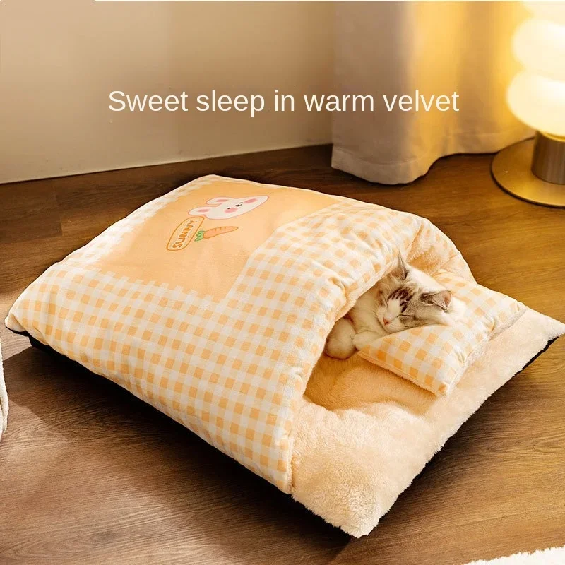 

Orange Striped Rabbit Contrasting Color Cat Sleeping Bag Semi-closed with Pillow Cold and Warm Winter Cat Litter Pet Supplies