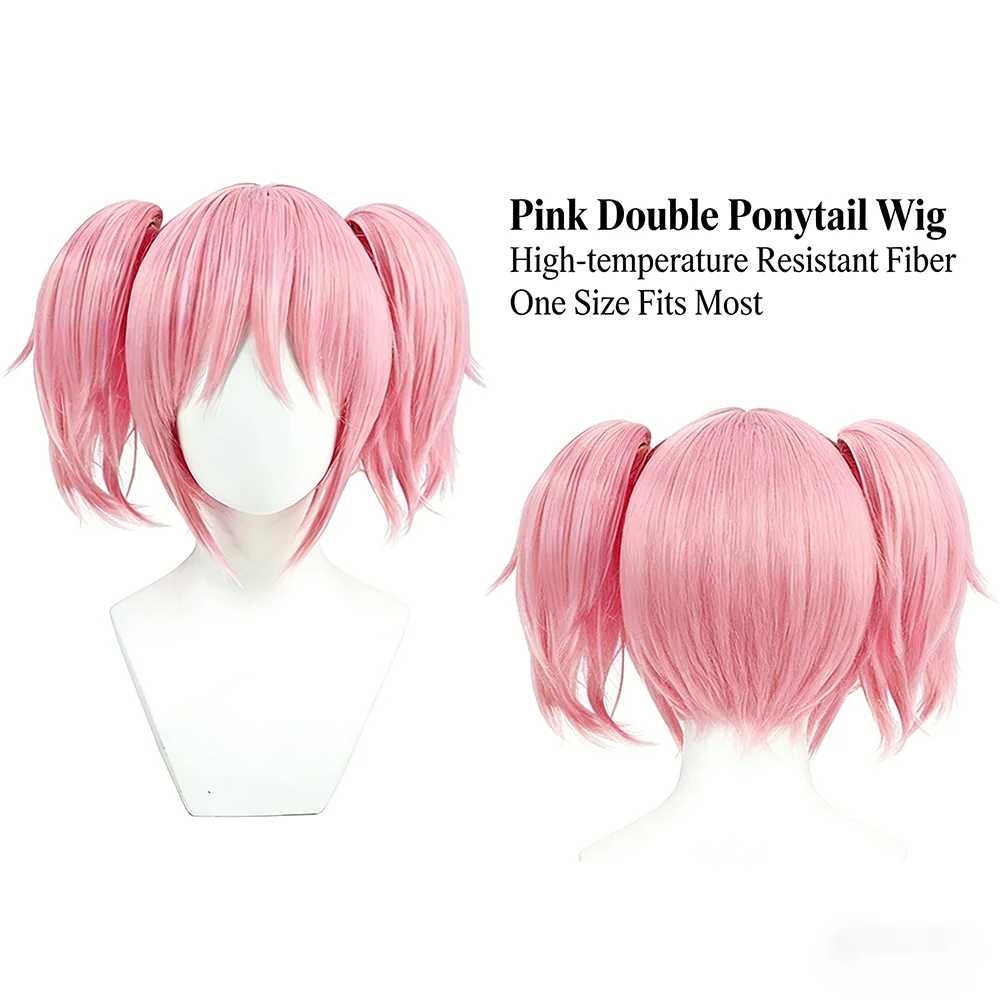 Madoka Kaname Cosplay Wig 10 Inches Short Pink Double Ponytail Heat Resistant Synthetic Hair For Halloween Party Daily Wear