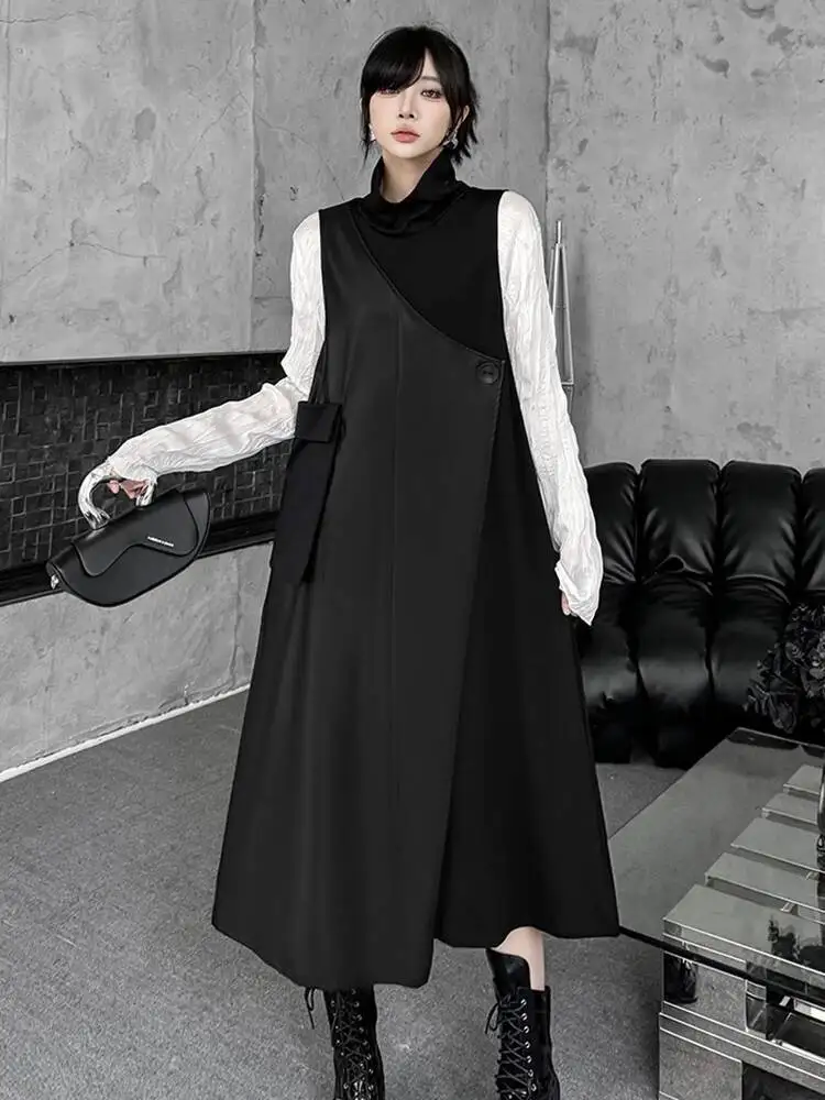 Neues Damen-Midikleid aus schwarzem PU-Leder mit Taschen, ärmellos, Reverskragen, modisch für Frühling/Herbst 2026 G1IE