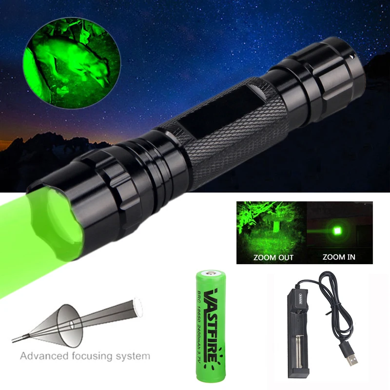 Tactical Green/Red Light Hunting Flashlight Adjustable Focus Zoom Torch Power by 18650 Battery for Outdoor Night Hunting Camping