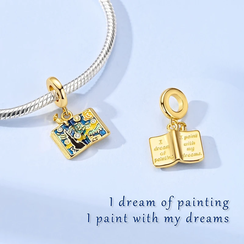 925 Sterling Silver Charms Bead CZ Zircon Gold Plated Book Starry Night Dangle Fit Original Bracelet DIY Women Jewelry Gift