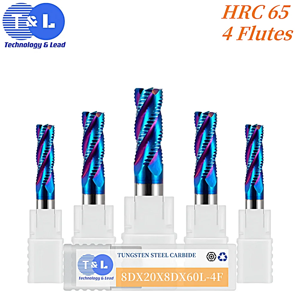 T&L HRC65 4Flutes Blue Nano Coating End Mill Tungsten Steel Carbide Roughing Milling Cutter For CNC Machining Endmills Tools