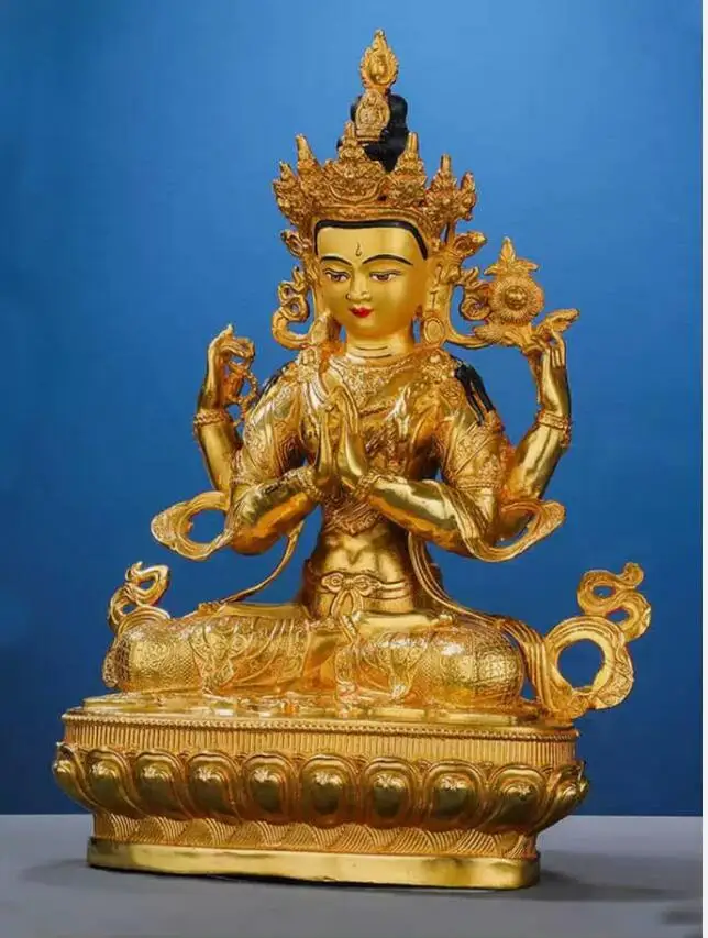 

12" Genuine Tibet Gilt Bronze Chenrezig Guanyin 4 arms armed Kwan-yin Statue