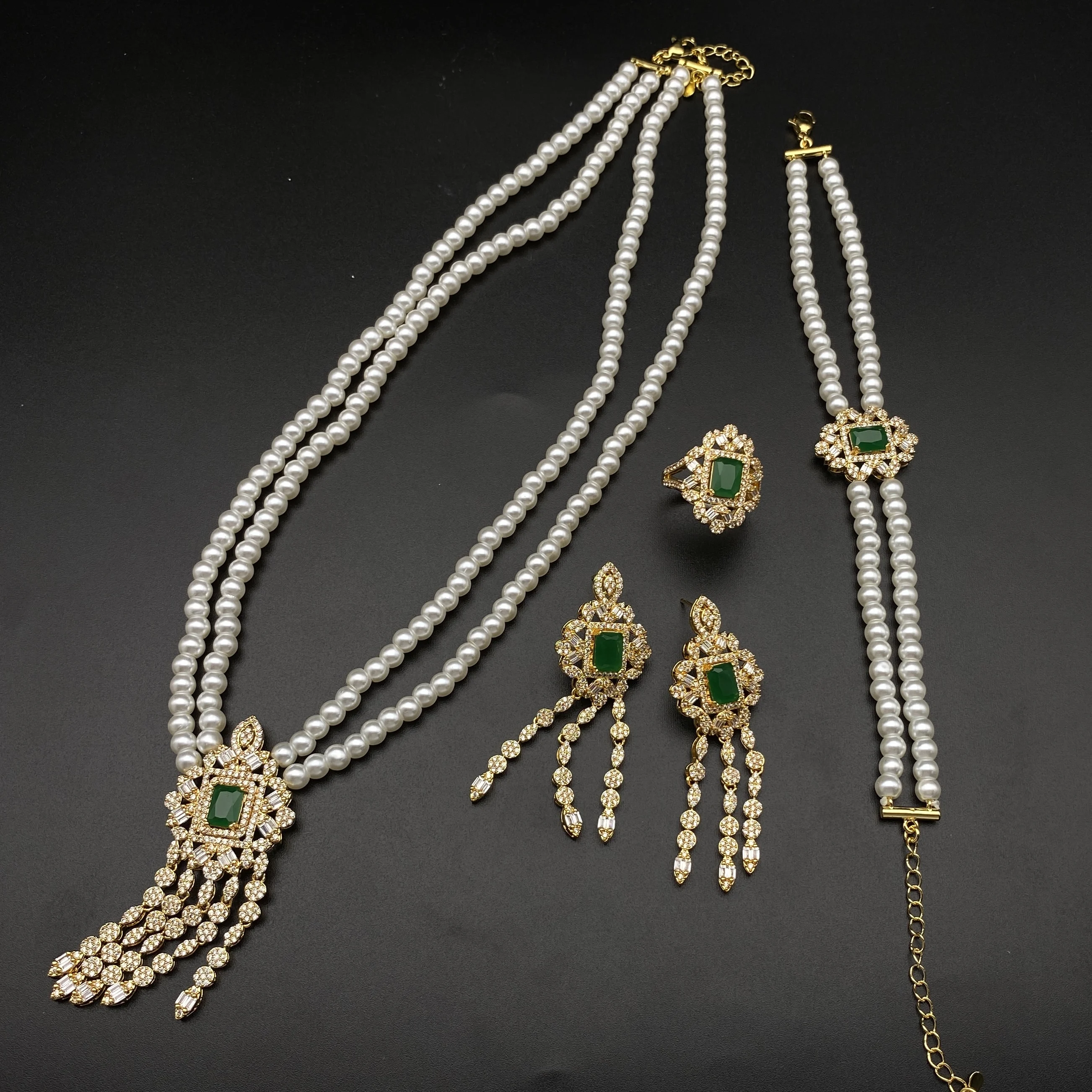 

Pearl zircon gold bride, women's party, luxury necklace, bracelet, earrings, ring, wedding jewelry set best-selling new style