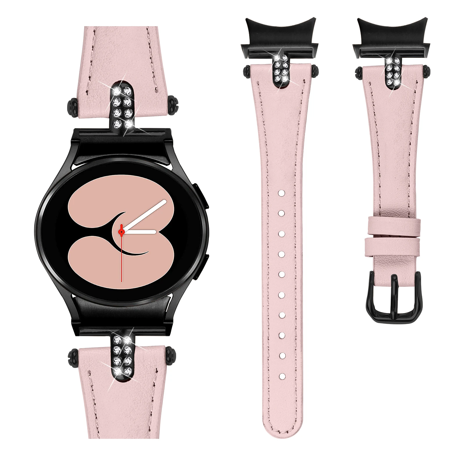 Pulseira de Relógio Decorada com Strass para Samsung Galaxy Watch7 40mm 44mm / Watch6 40mm 44mm, Pulseira de Couro Genuíno com Fecho em T