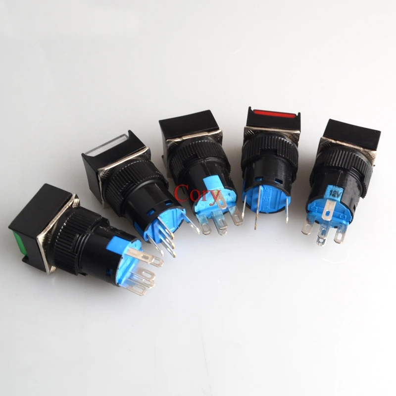 1PC 16mm Panel Mount Red/Green/White/Blue/Orange Lamp Momentary/Maintained Square Push Button Switch 6V/12V/24V/220V