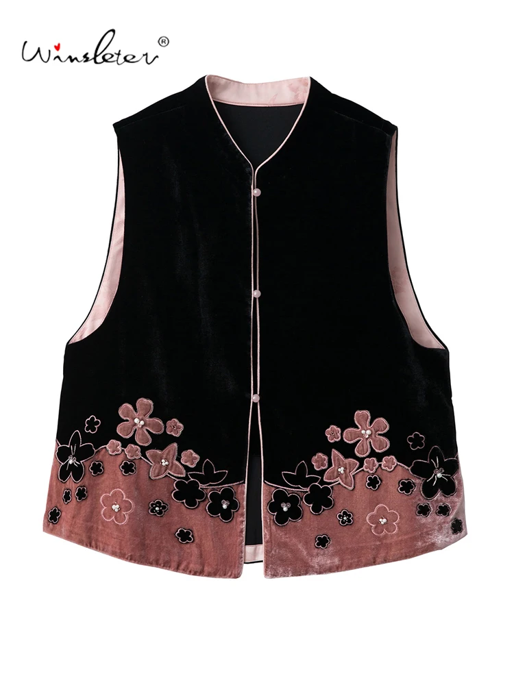 

Winsleter-100% элегантный бархатный жилет из натурального шелка, лоскутное пальто с вышивкой, женский жилет в стиле ретро, осень 2023, новинка C59708CC