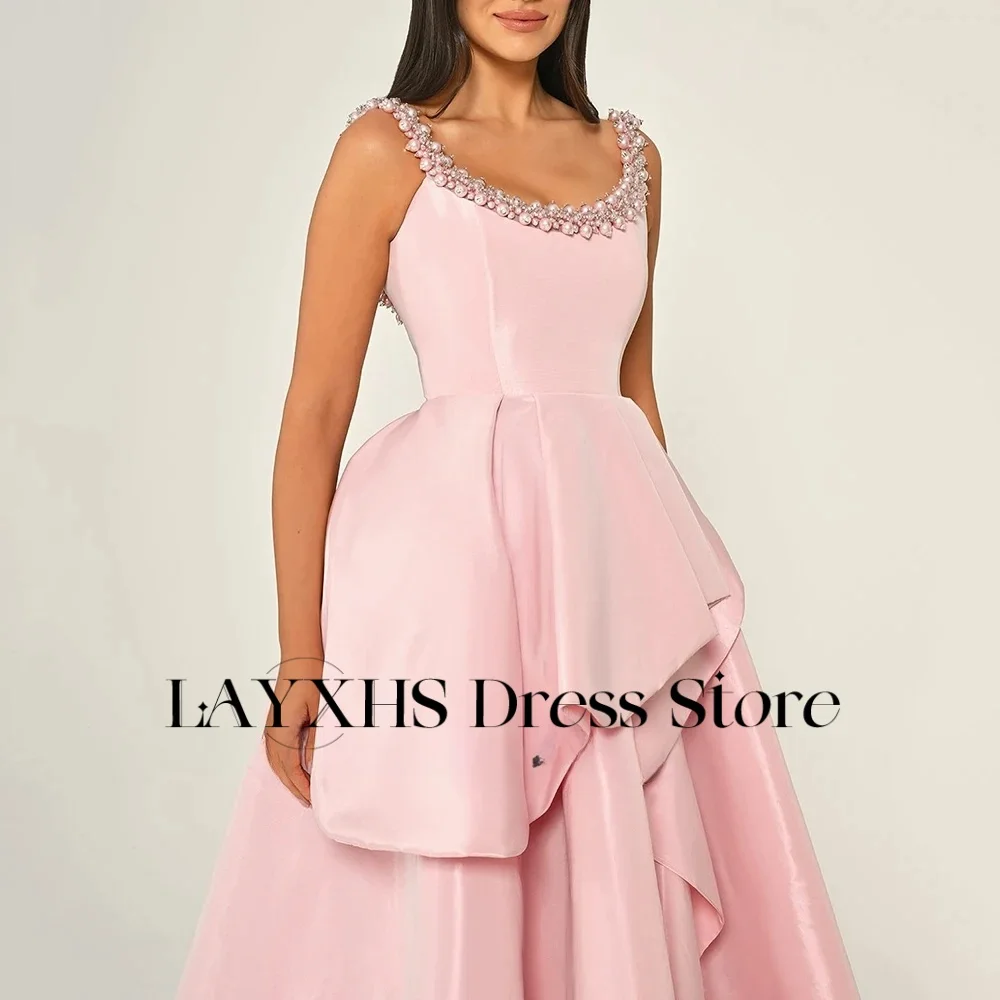 LAYXHS Novel Pink Spaghetti-Straps Evening Dresses Beaded A-Line Ruffle Backless Prom Dresses Customized فساتين سهرات