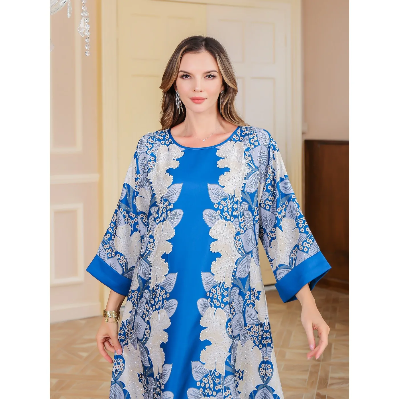 2025 Muzułmańska moda Perły Cekiny dla kobiet Abaya Marokański kwiatowy nadruk Vestidos Party Maxi Dress Eid Arabic Light Luxury Kaftan