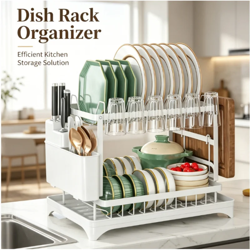 

Dish Drying Rack Premium 2-Tier Rustproof Metal Large Capacity with Drain Tray for Kitchen Countertop Storage Organizer