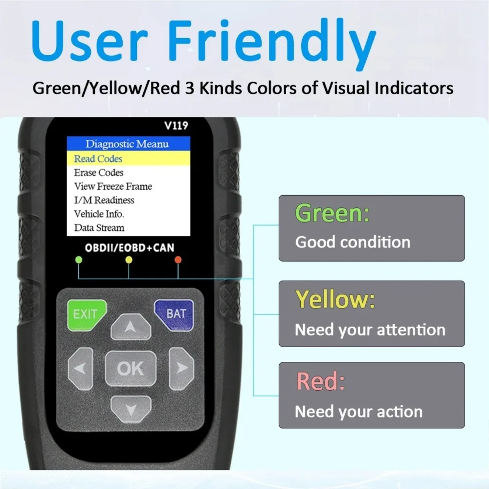 V119 OBD2 Scanner: Car Diagnostic Tool with Voltage Test & USB Power, Reads/Clears Codes for EOBD/CAN OBD2 Vehicles