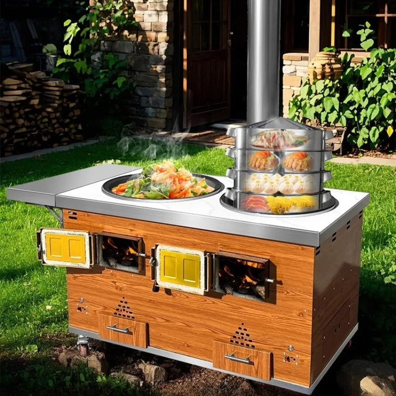 

firewood burning household double outdoor new stainless steel mobile iron pot firewood stove earth