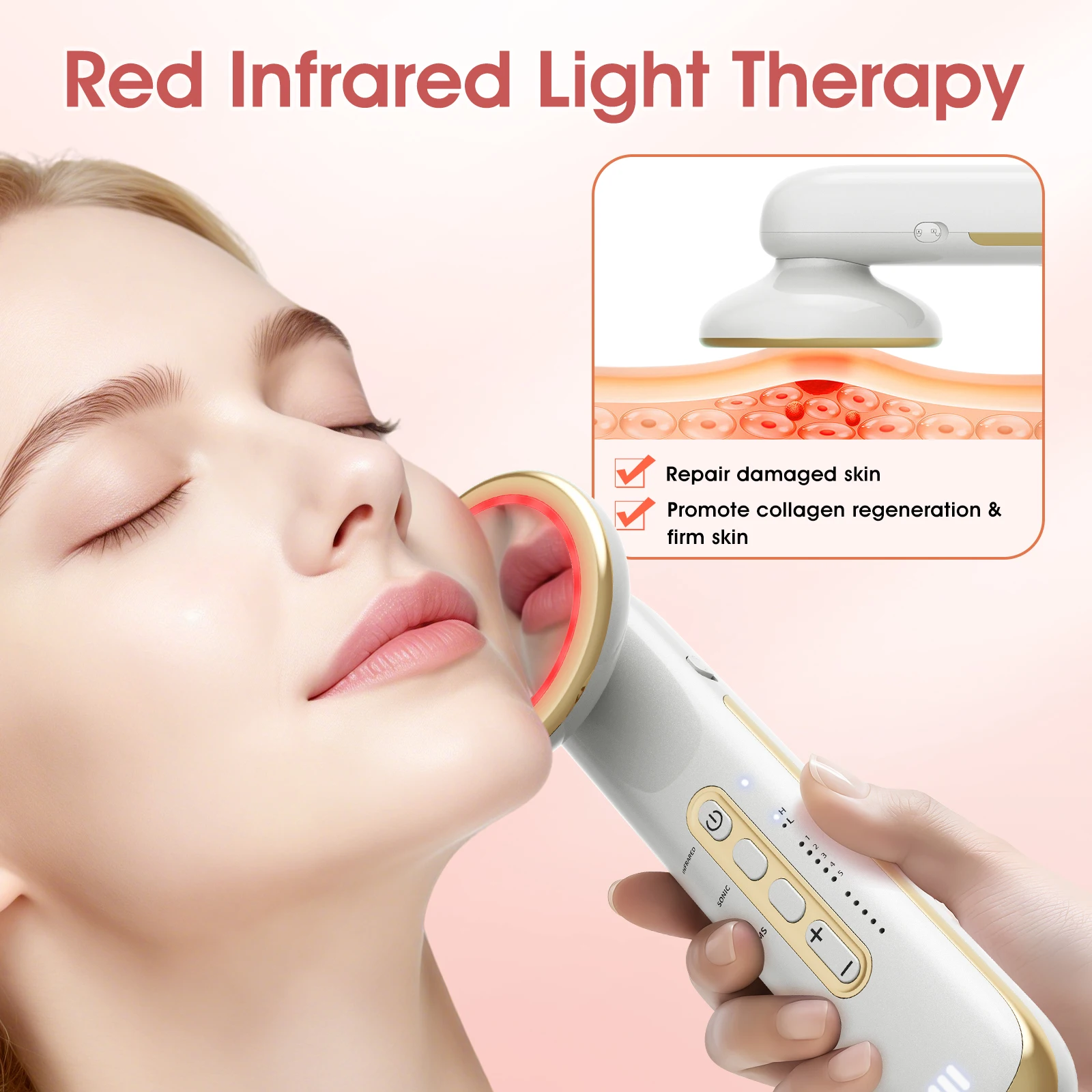Ultrasonic EMS Body Massager with Infrared Light, 5 Modes 5 Intensities Rechargeable Cordless Beauty Device, Home Use Skin Care Tool for Firmer-Looking Skin