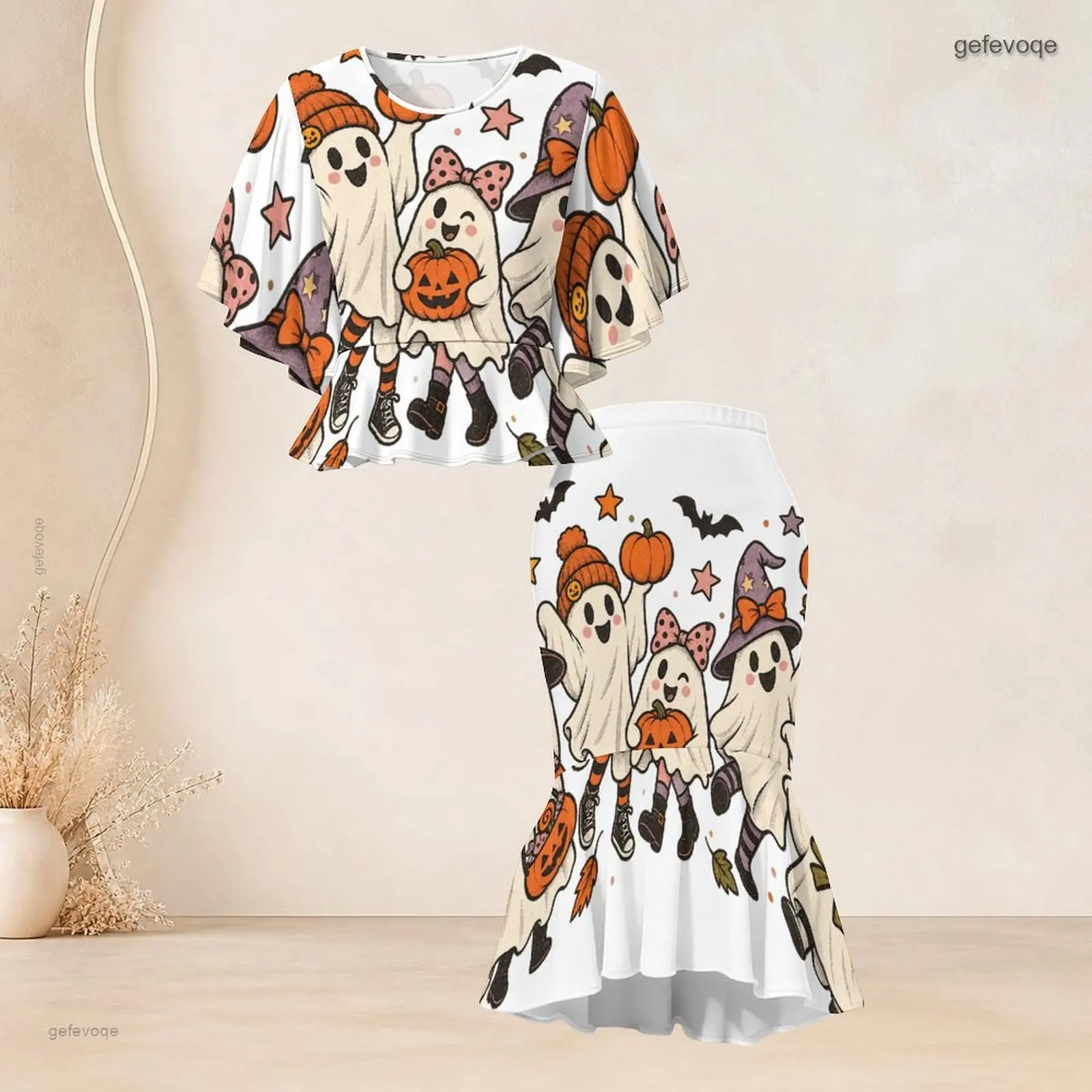 Printed Skirt Set for Women Batwing Sleeve Ruffle Hem Top Fishtail Skirt Two Piece