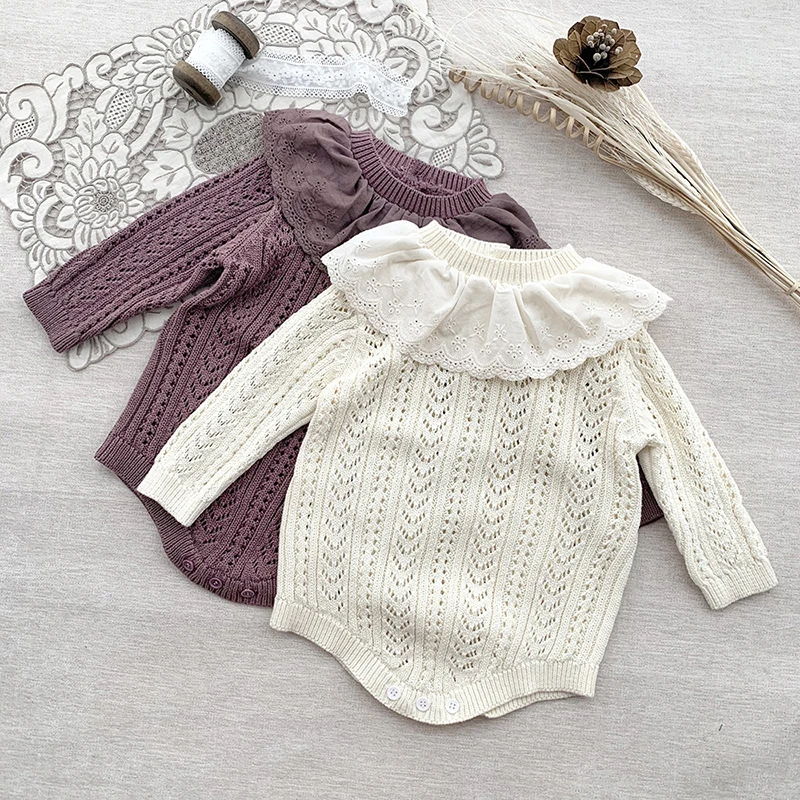 

2023 New Baby Girls Knitting Jumpsuit Solid Color Hollow Long Sleeve Lace Panel Autumn Spring Newborn Baby Girls Bodysuits