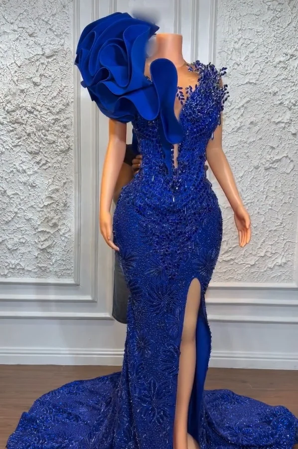 Royal Blue Ruffle Beaded Evening Dress Sexy High Slit Mermaid Dress V Neck Sleeveless Party Dress 2026 High-End Bespoke Dress