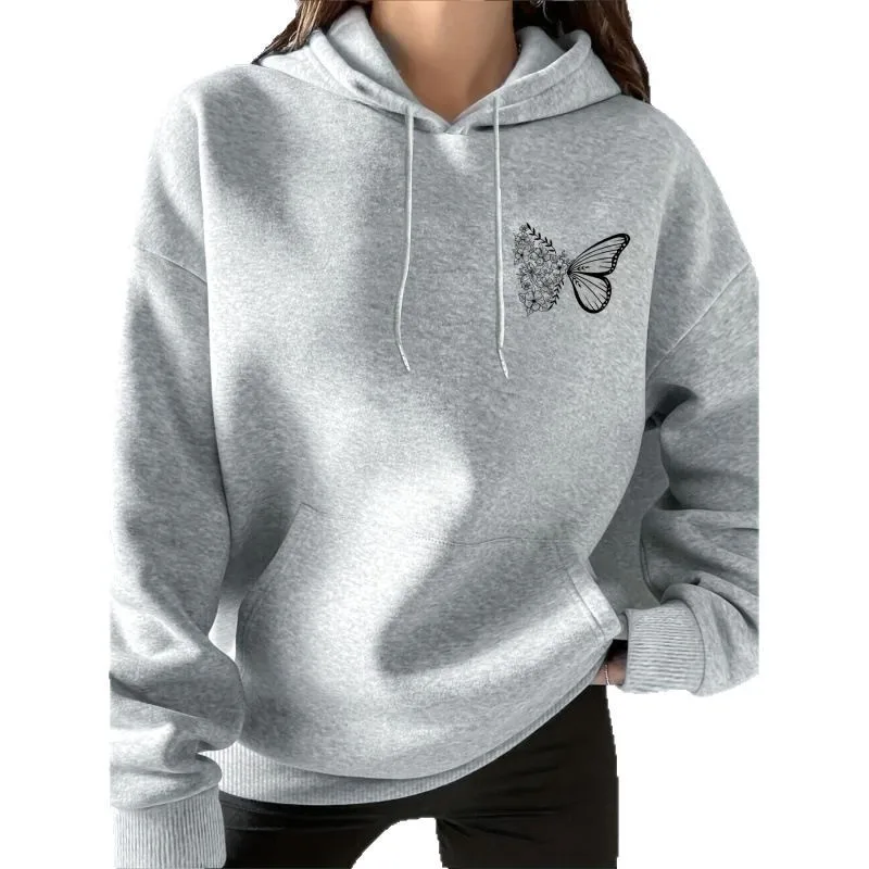 Ladies' casual hoodie with complex butterfly and floral design printed fashionable long sleeved sweatshirt