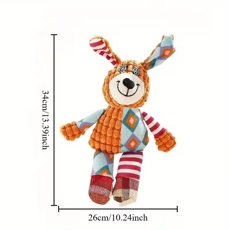 Squeaky Plush Dog Toy, Rip-Resistant Interactive Chew Toy, Orange Multicolor Patchwork Stuffed Puppy Toy, 34 x 26 cm, for Medium Dogs