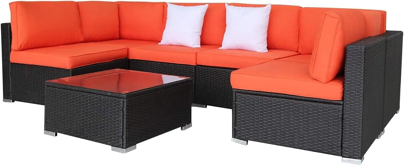 Outdoor Pátio Wicker Sofá, Rattan Móveis Set com Mesa de Café, lavável Sofá Almofadas, 2 Almofadas, Jardim secional, 7pcs