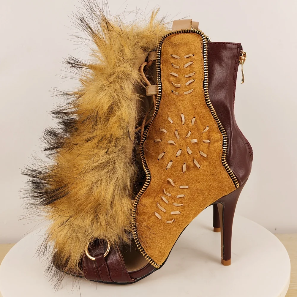 

Fur Metal Decoration Patchwork Straps Sandal Boots Sexy Pointed Toe Thin Heel Zipper New Arrival Autumm/Winter Modern Boots