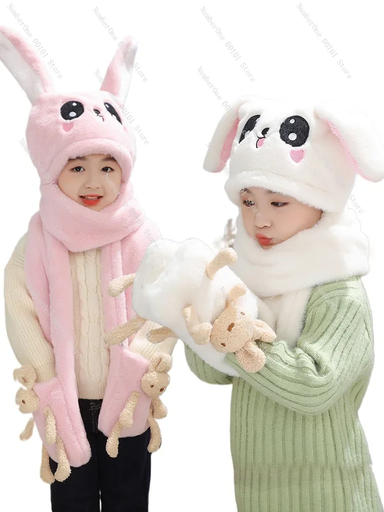 Children's hat women's winter scarf scarf integrated girl baby cute rabbit ears moving plush hat tide