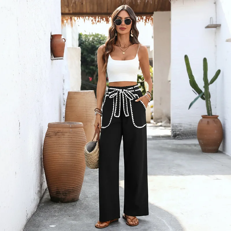 Women's High Waist Wide Leg Pants With Pearl Beaded Bow Tie Decoration Casual Loose Fit Elastic Waist Trousers Beach Loungewear