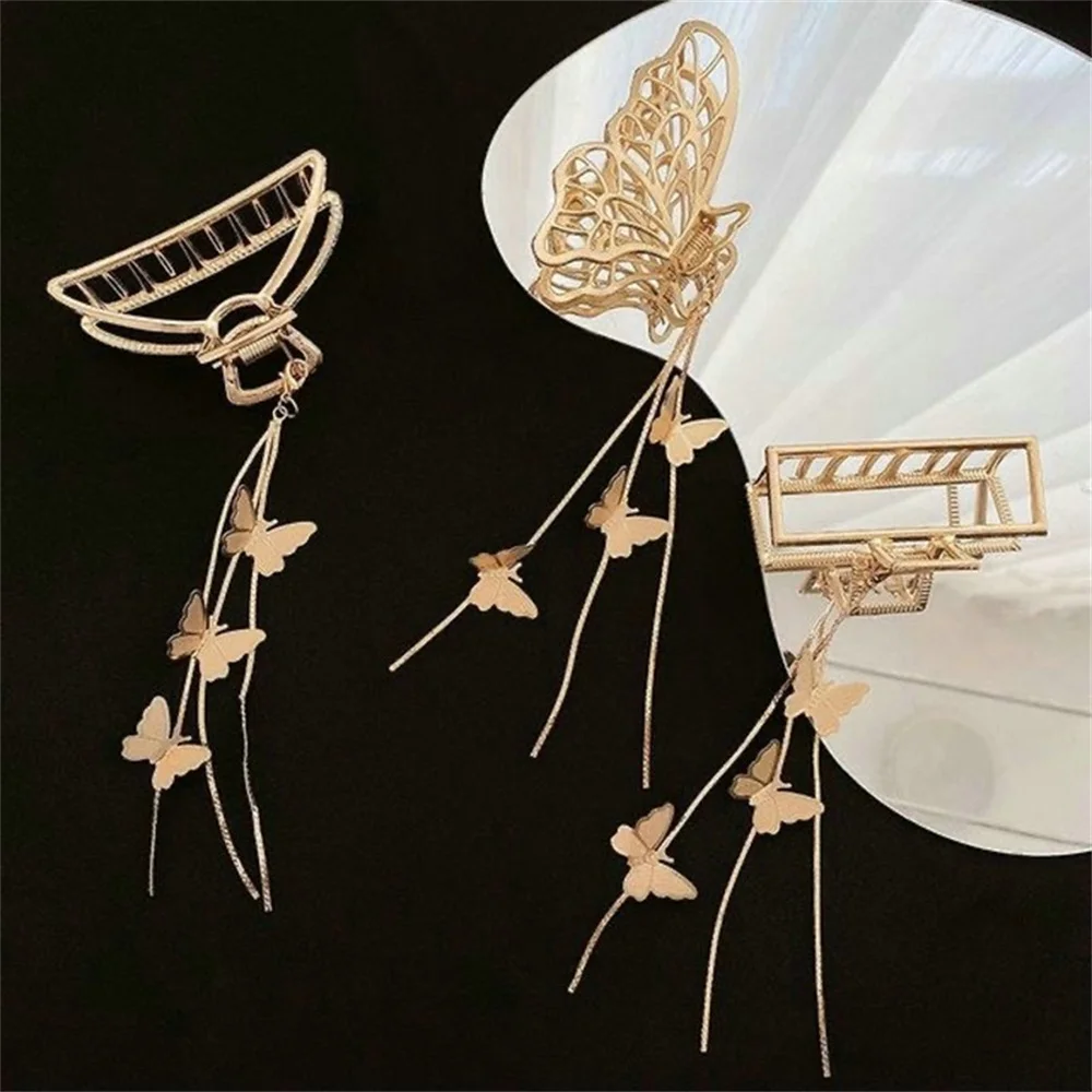 Temperament Hollow Butterfly Hair Claws Nonslip Elegent Golden Clips With Butterfly Tassel Hairband  Hair Accessories