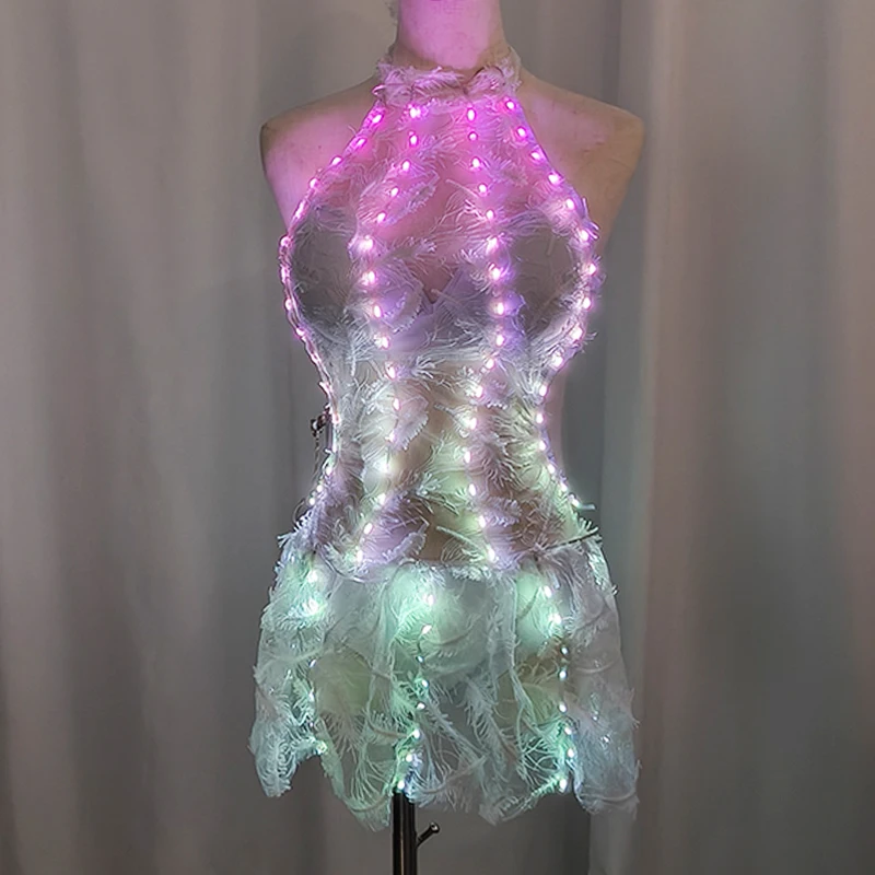 Colorful Bright White Skirt Sexy Dancing LED Costume for Women Girls Luminous Dress for Festival Party Night Show Rave Concert