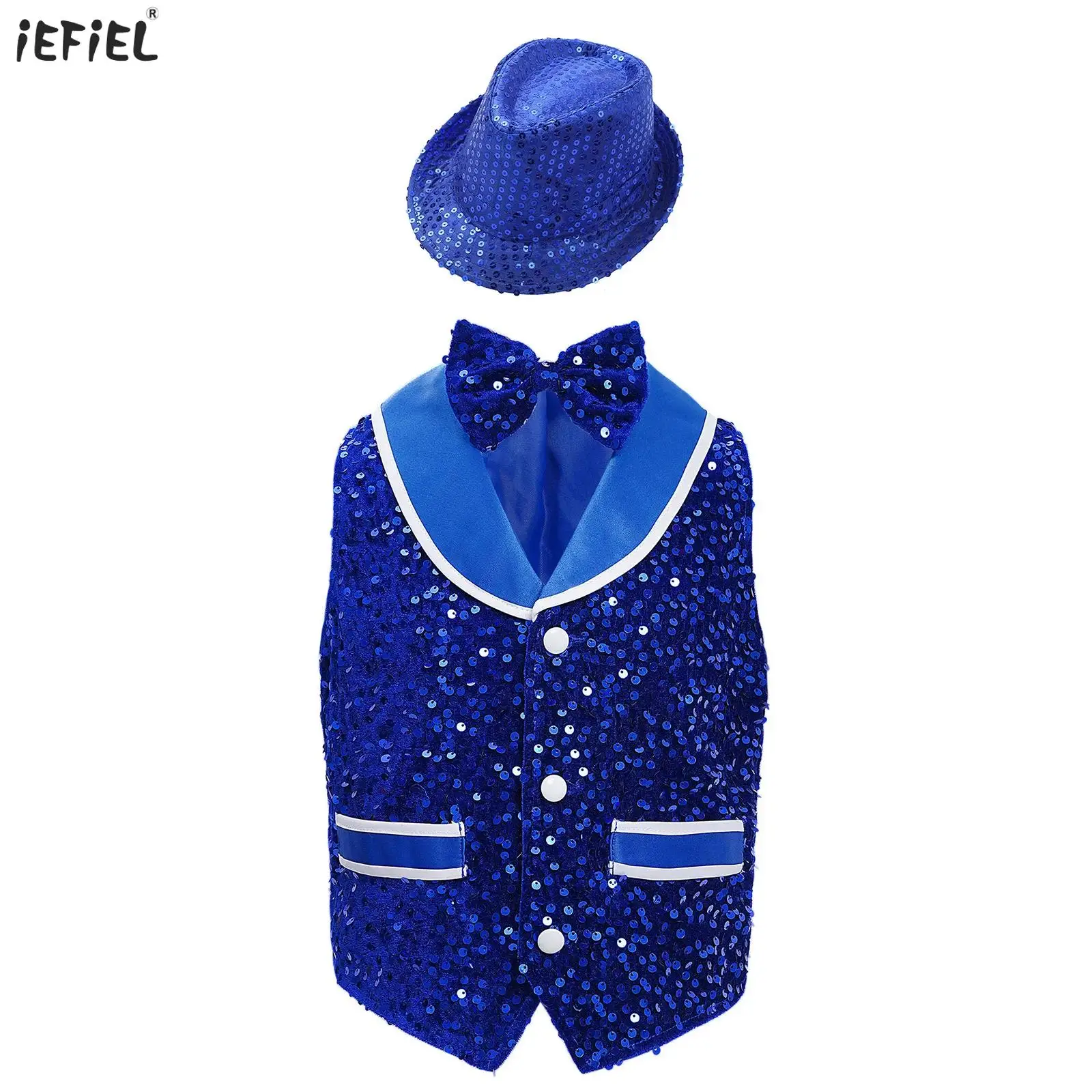 

Kids Boys Girls Gentleman Suit Jazz Dance Performance Outifit Shiny Sequins Velvet Vest Buttons Waistcoat with Bowtie and Hat