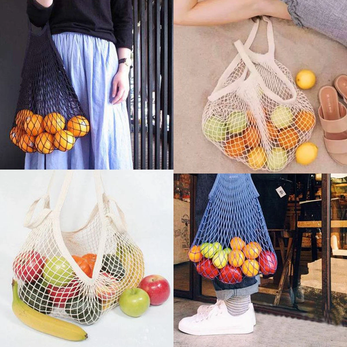 Cotton Mesh Grocery Bags for Vegetable Fruit Reusable String Shopping Bag Storage Handbag Totes Mesh Net Bags Short Handle